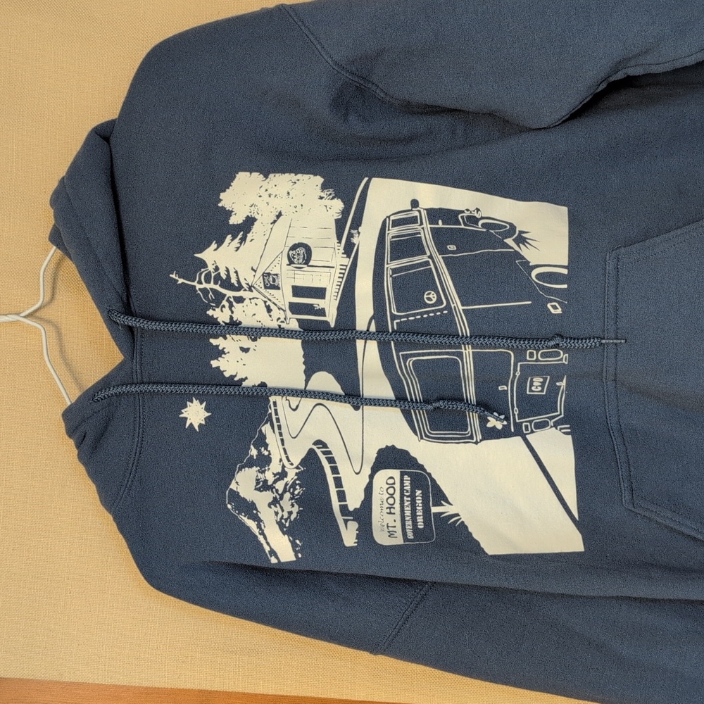Mt. Hood Oregon Government Camp Hippie Van Themed Blue VTG Hoodie Size Large